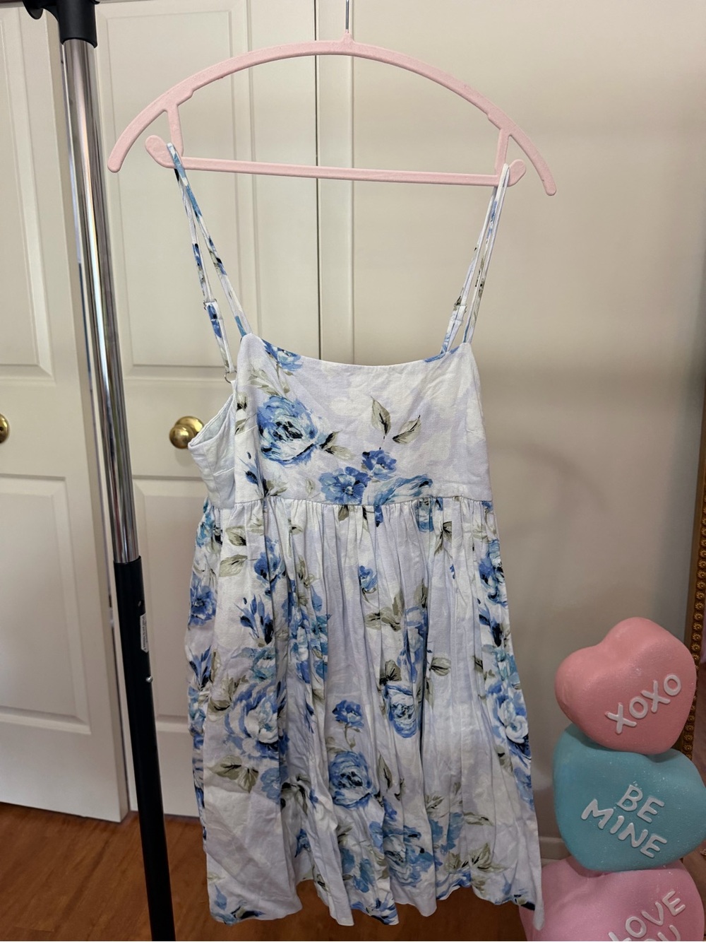 Willow White Spaghetti-Strap Dress with Blue Floral Print